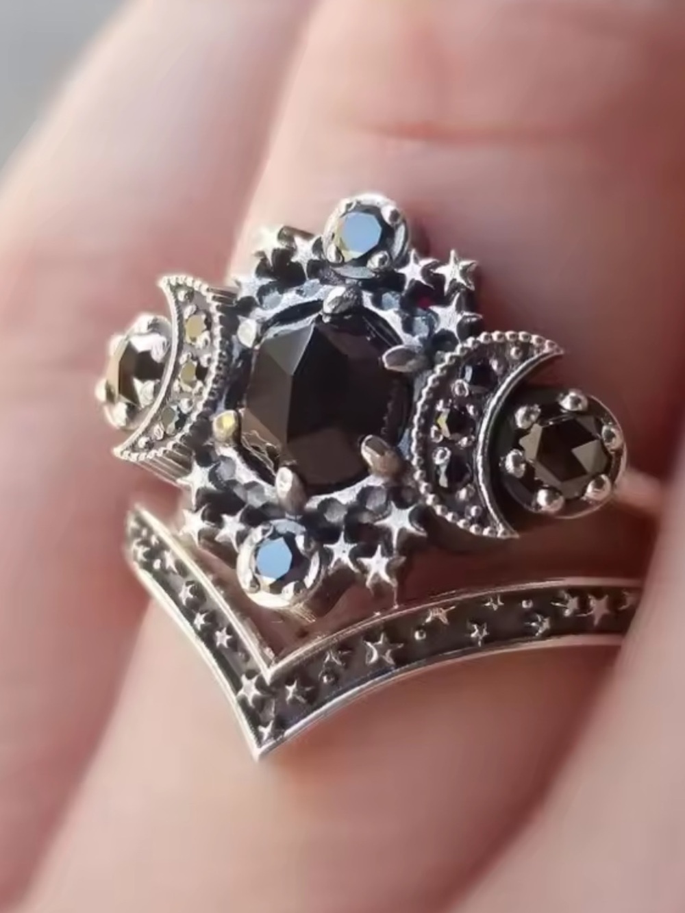 Vintage Celestial Black Stone Ring Set
